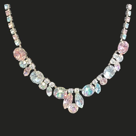 Vintage Weiss Signed Aurora Borealis Rhinestone Statement Necklace Blue Purple - Picture 8 of 10